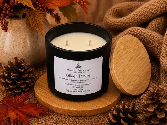 Candle labeled 'Silver Pines' with a wooden lid on a decorative setting with leaves and pinecones.