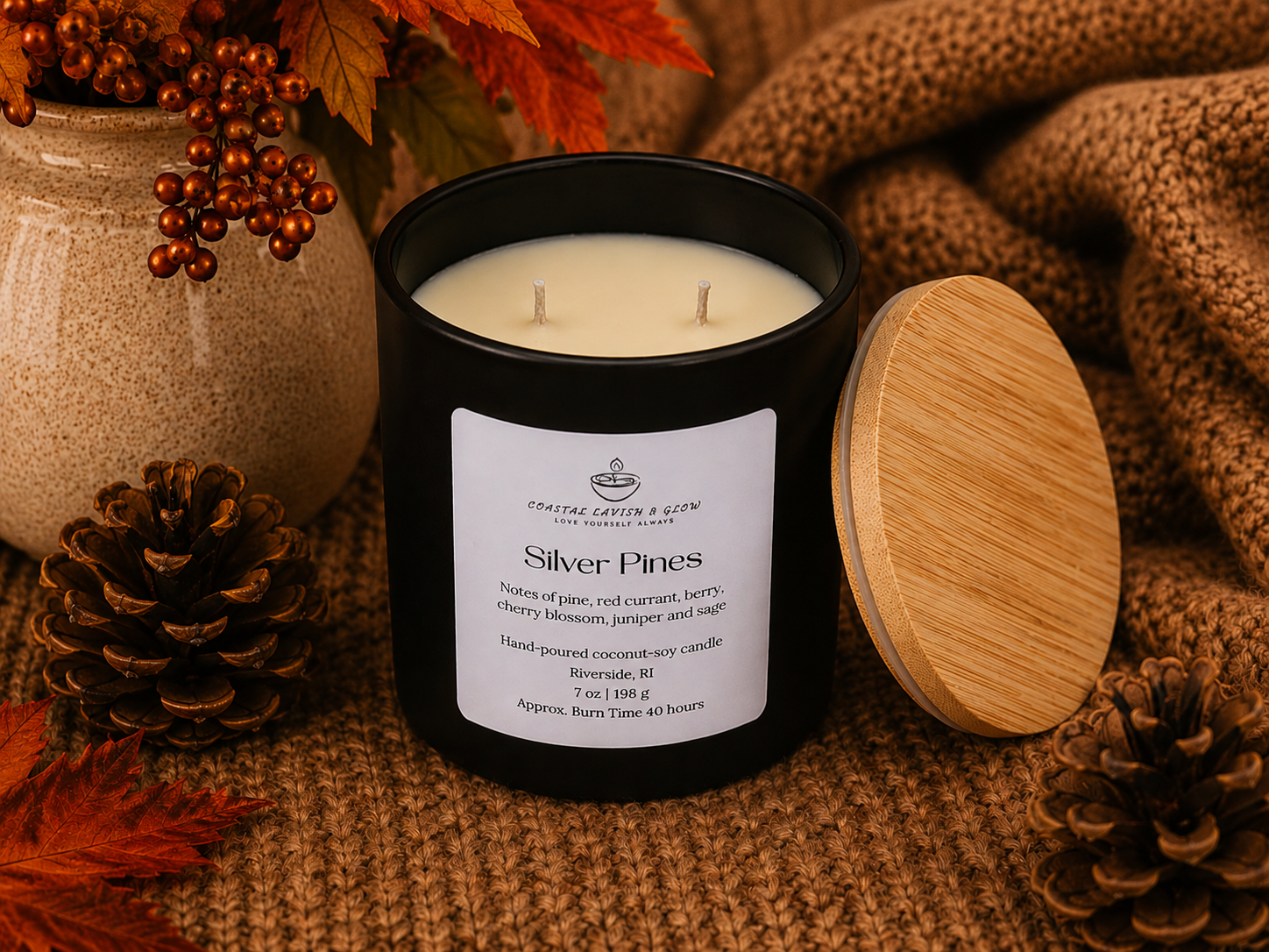 Black candle with wooden lid on a textured surface with autumn decorations