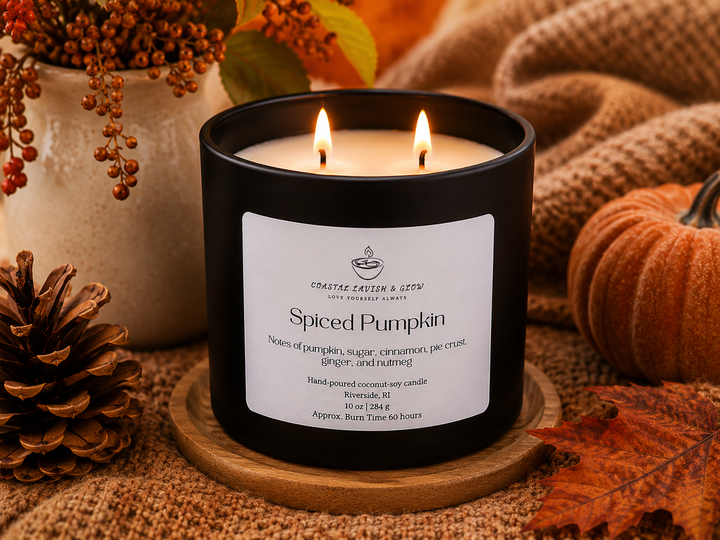 Spiced Pumpkin candle with decorative elements on a rustic background