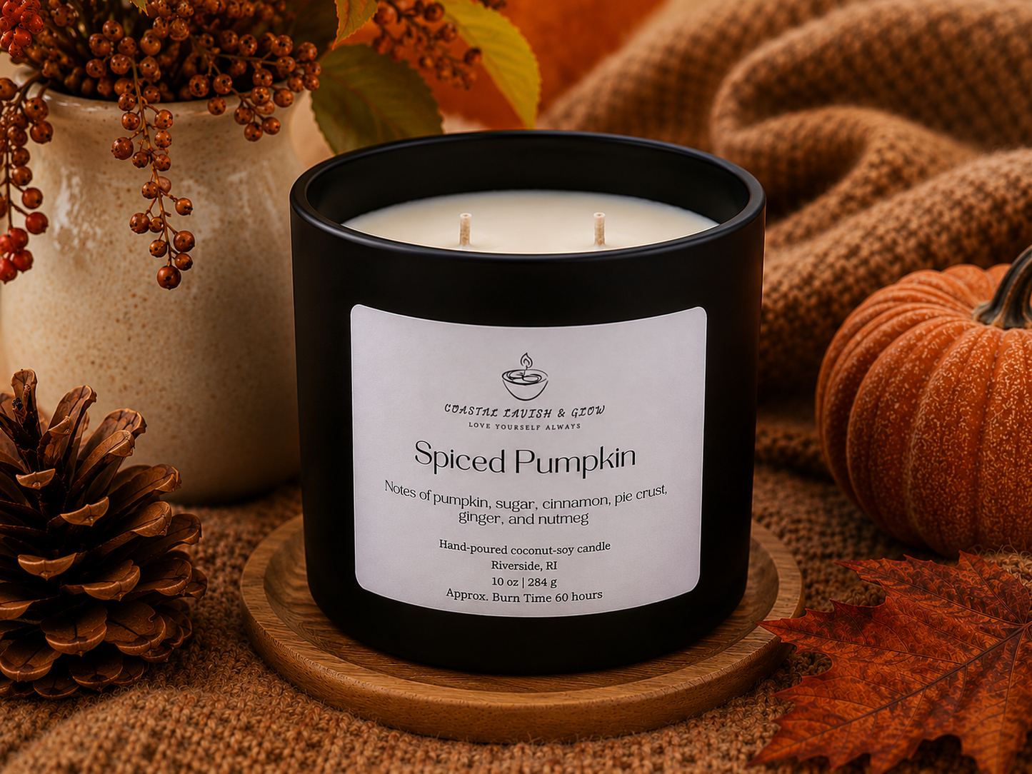 Spiced Pumpkin candle with a label on a wooden coaster, surrounded by autumn decorations.