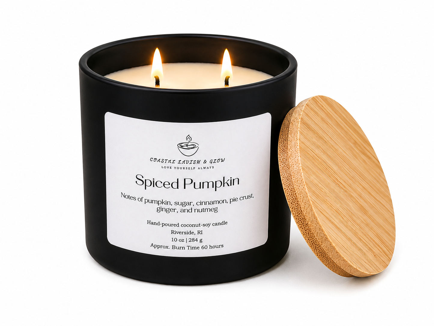 Spiced Pumpkin candle in a black container with a wooden lid on a white background