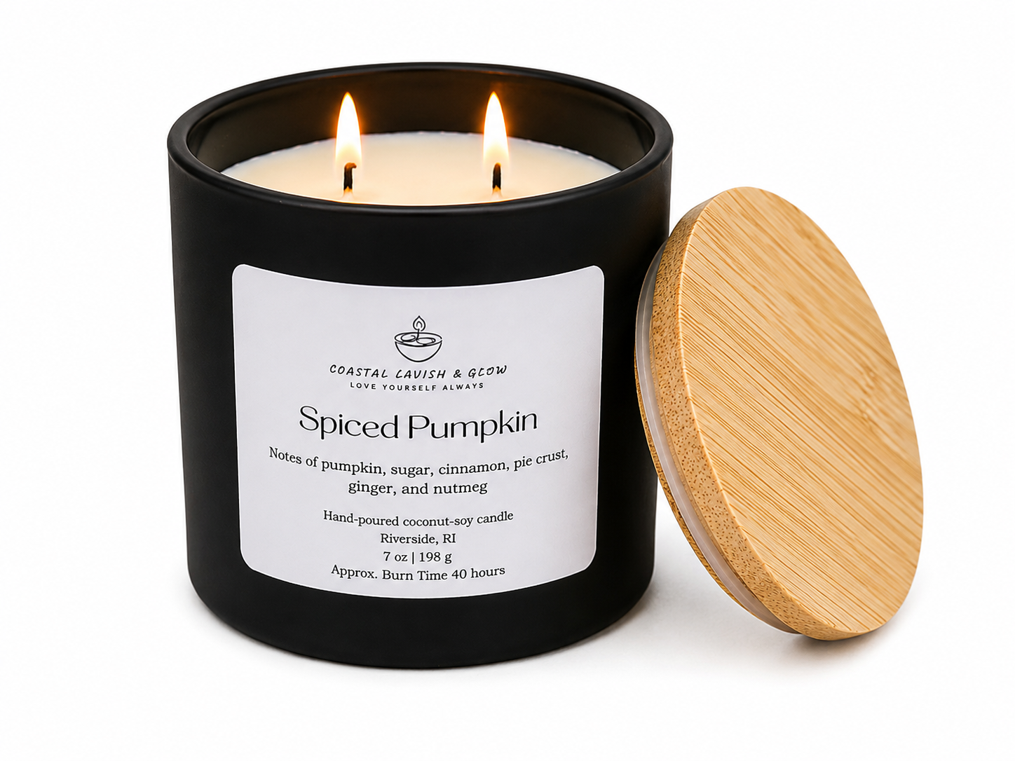 Spiced Pumpkin candle in a black container with a wooden lid on a white background