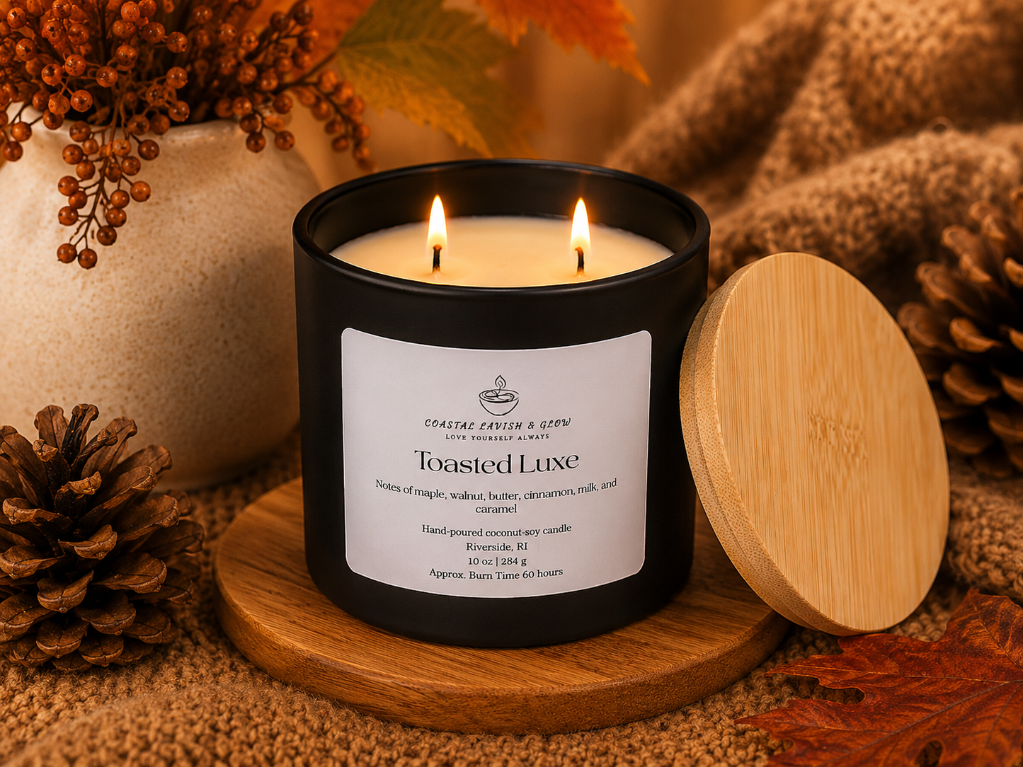 Candle labeled 'Toasted Luxe' with decorative elements on a wooden surface