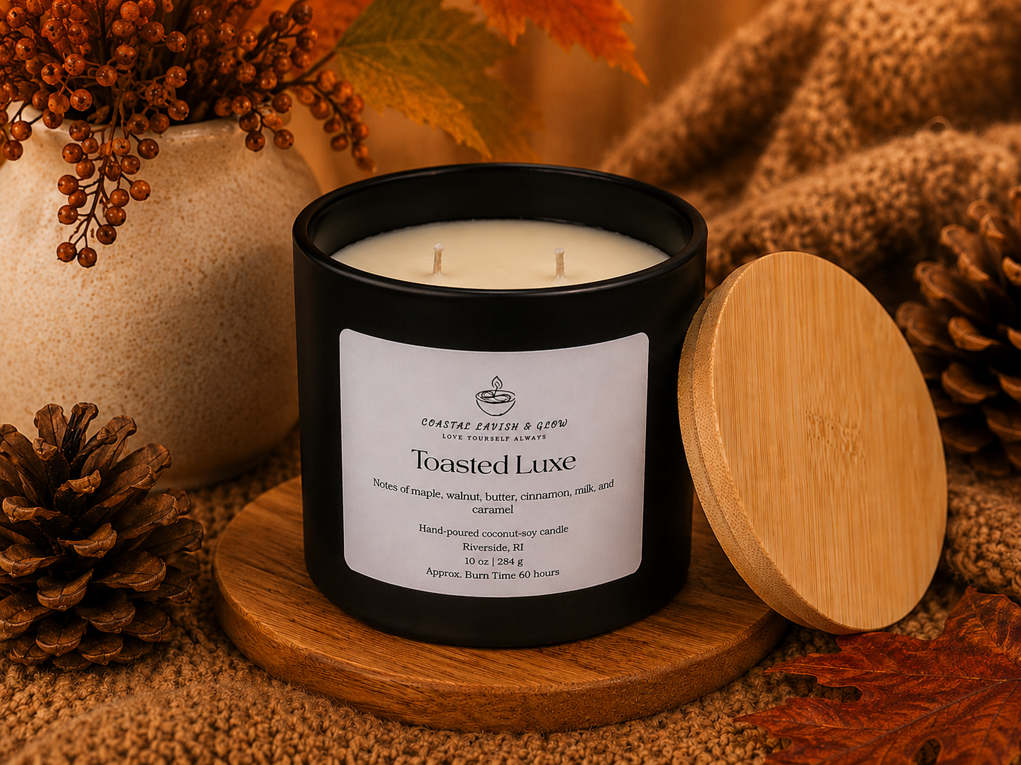 Black candle labeled 'Toasted Luxe' with a wooden lid on a textured surface with autumn decorations.