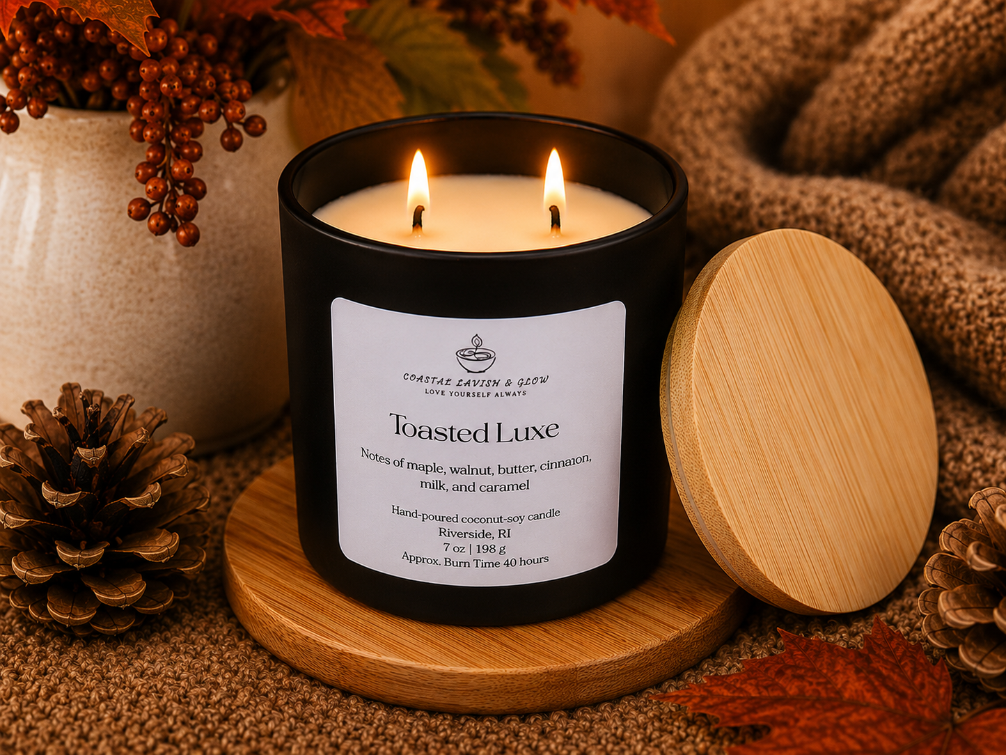 Candle labeled 'Toasted Luxe' with decorative elements on a textured surface