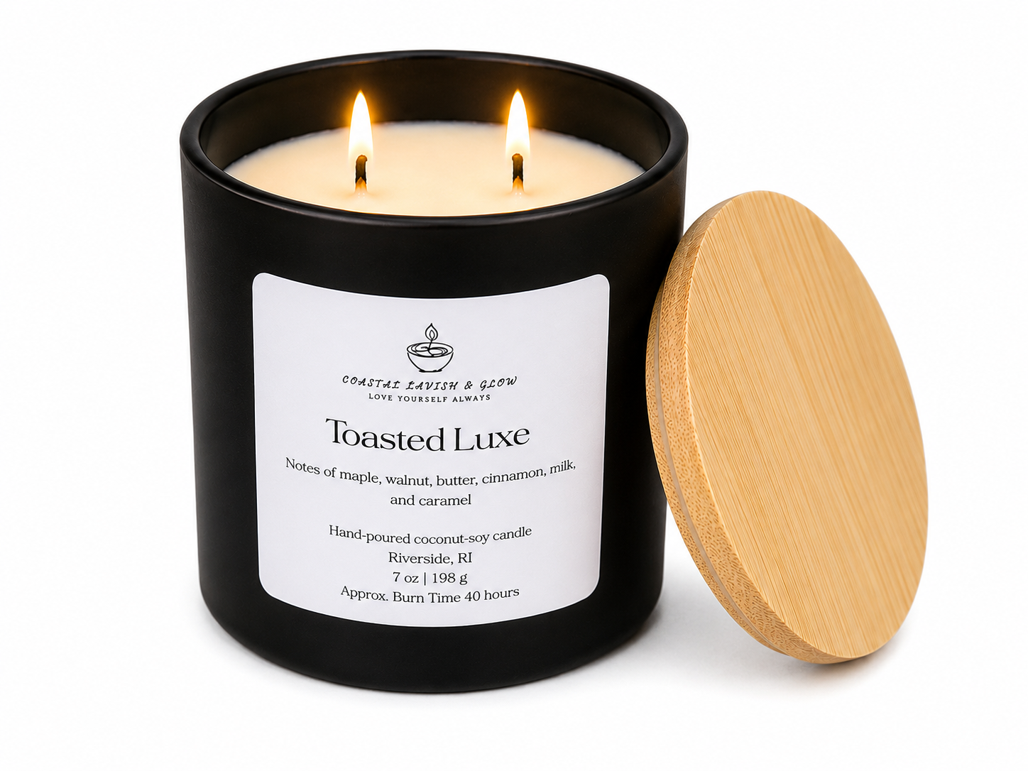 Black candle with wooden lid labeled 'Toasted Luxe' on a white background