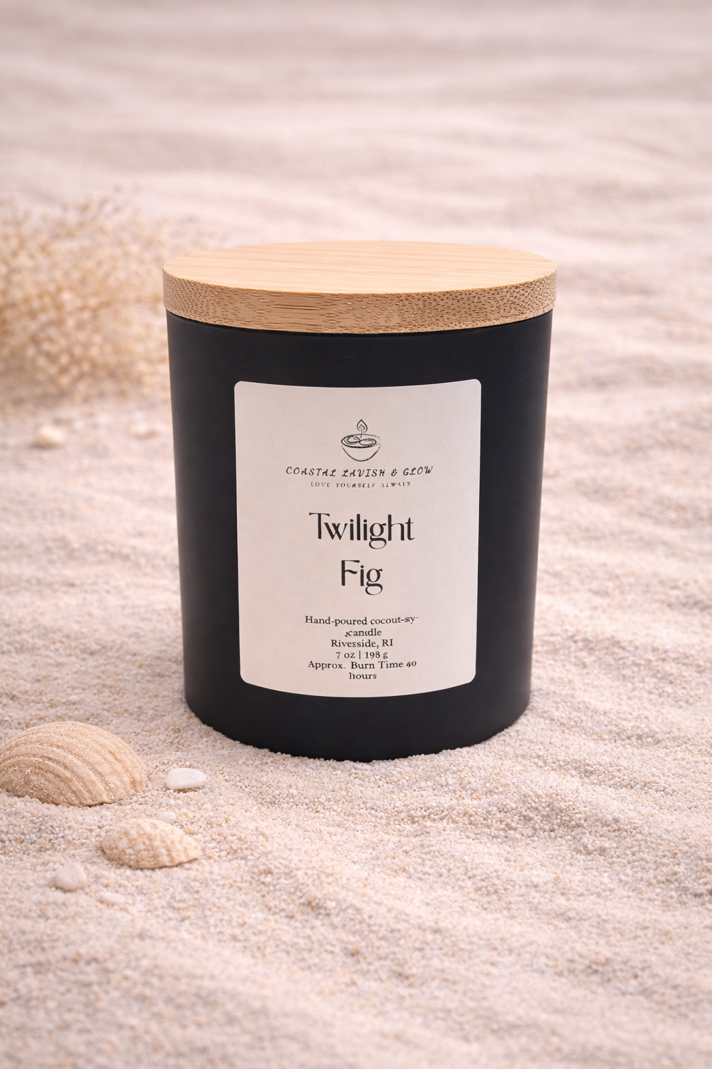 Twilight Fig Candle on a beachy background - citrus, plum, black cherry, amber scent