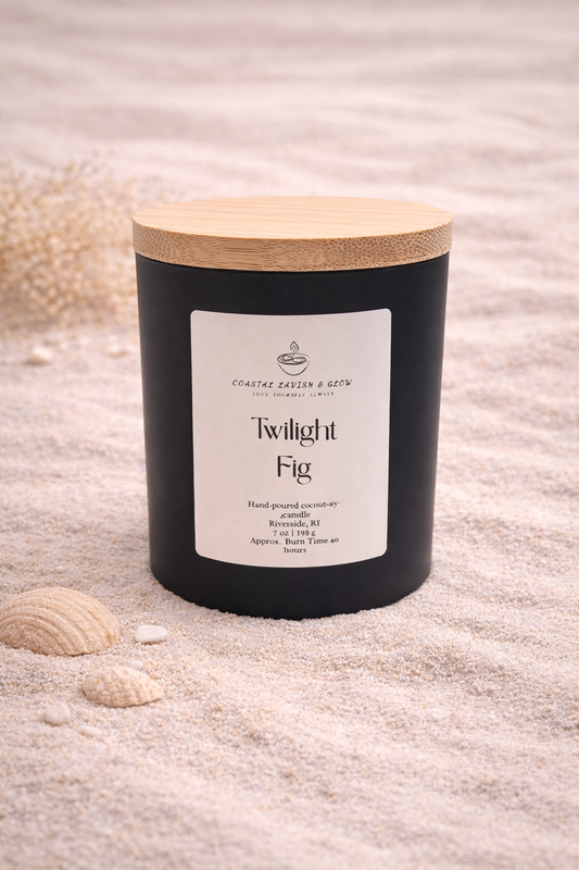 Twilight Fig Candle on a beachy background - citrus, plum, black cherry, amber scent