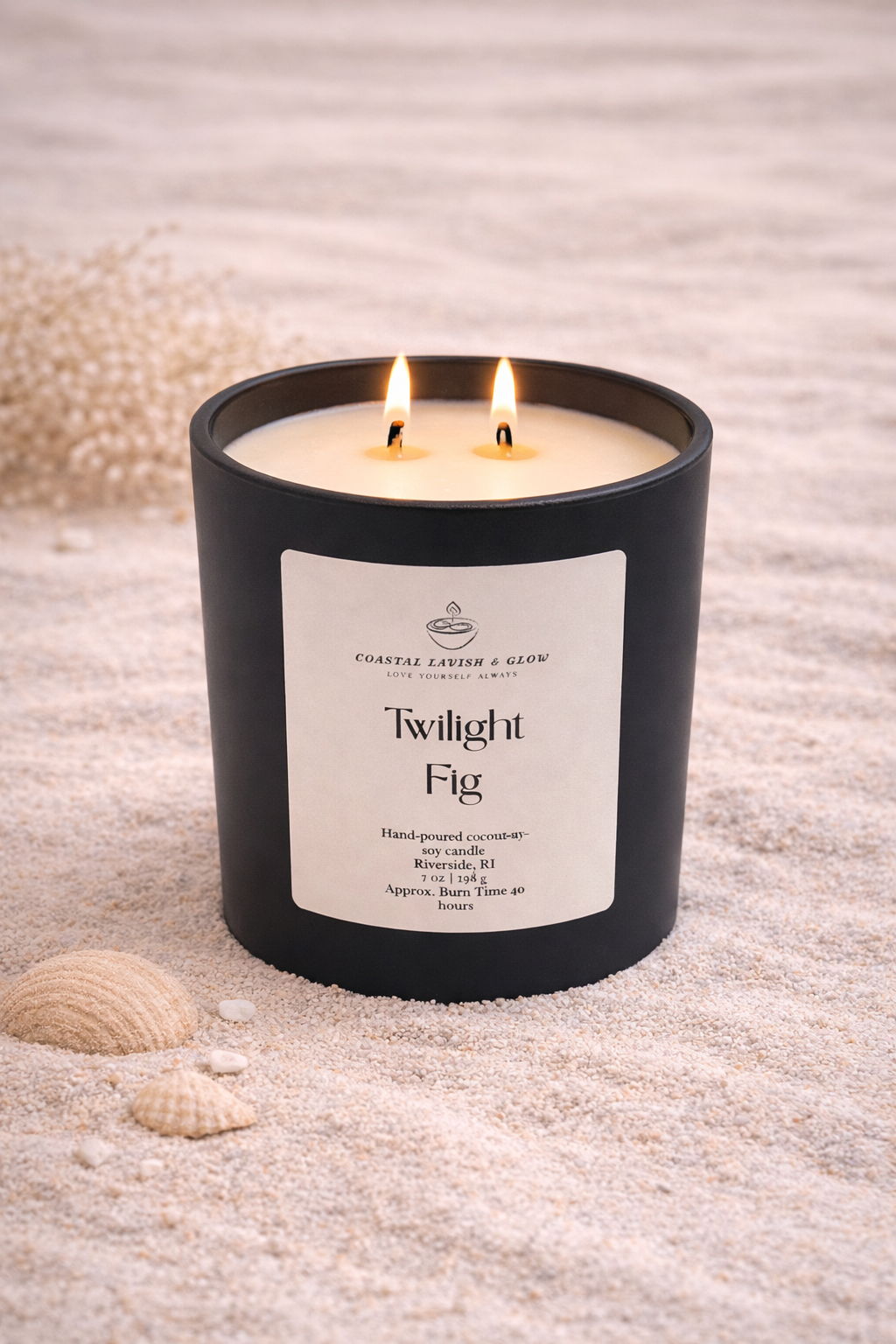Twilight Fig Candle on a beachy background - citrus, plum, black cherry, amber scent