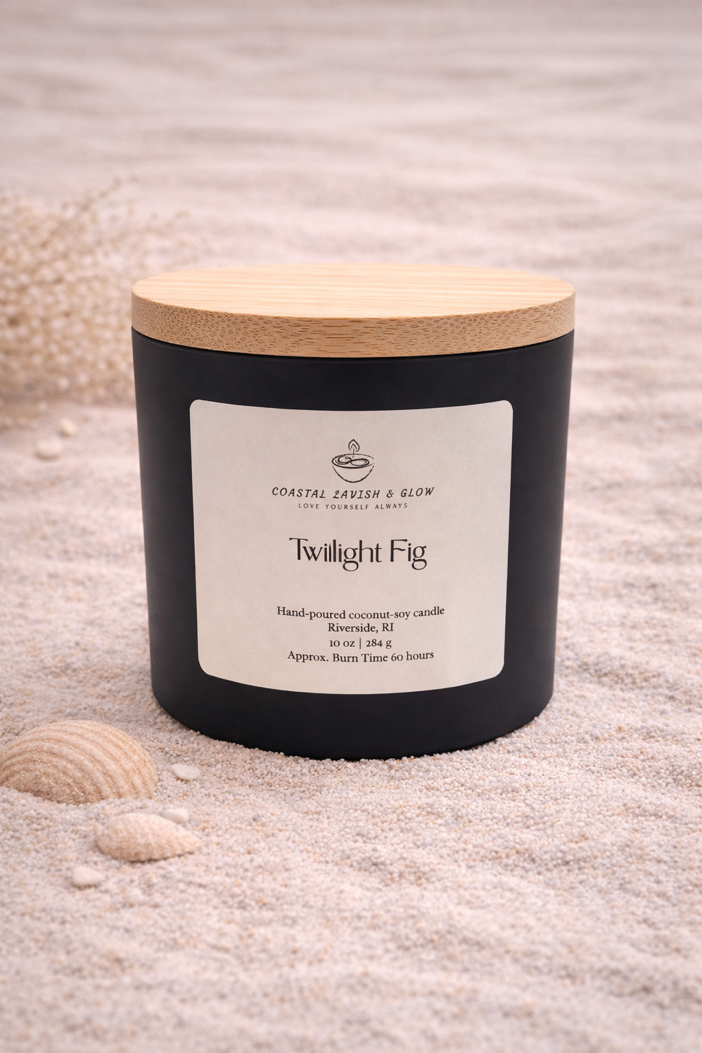 Twilight Fig Candle on a beachy background - citrus, plum, black cherry, amber scent