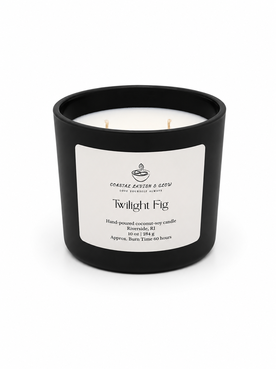 Twilight Fig candle in a black container with a white label on a white background