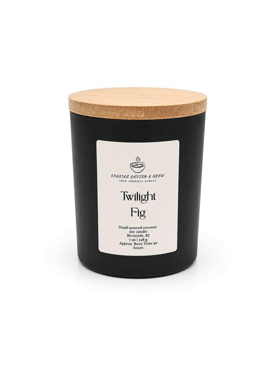 Twilight Fig candle with a white label on a black jar