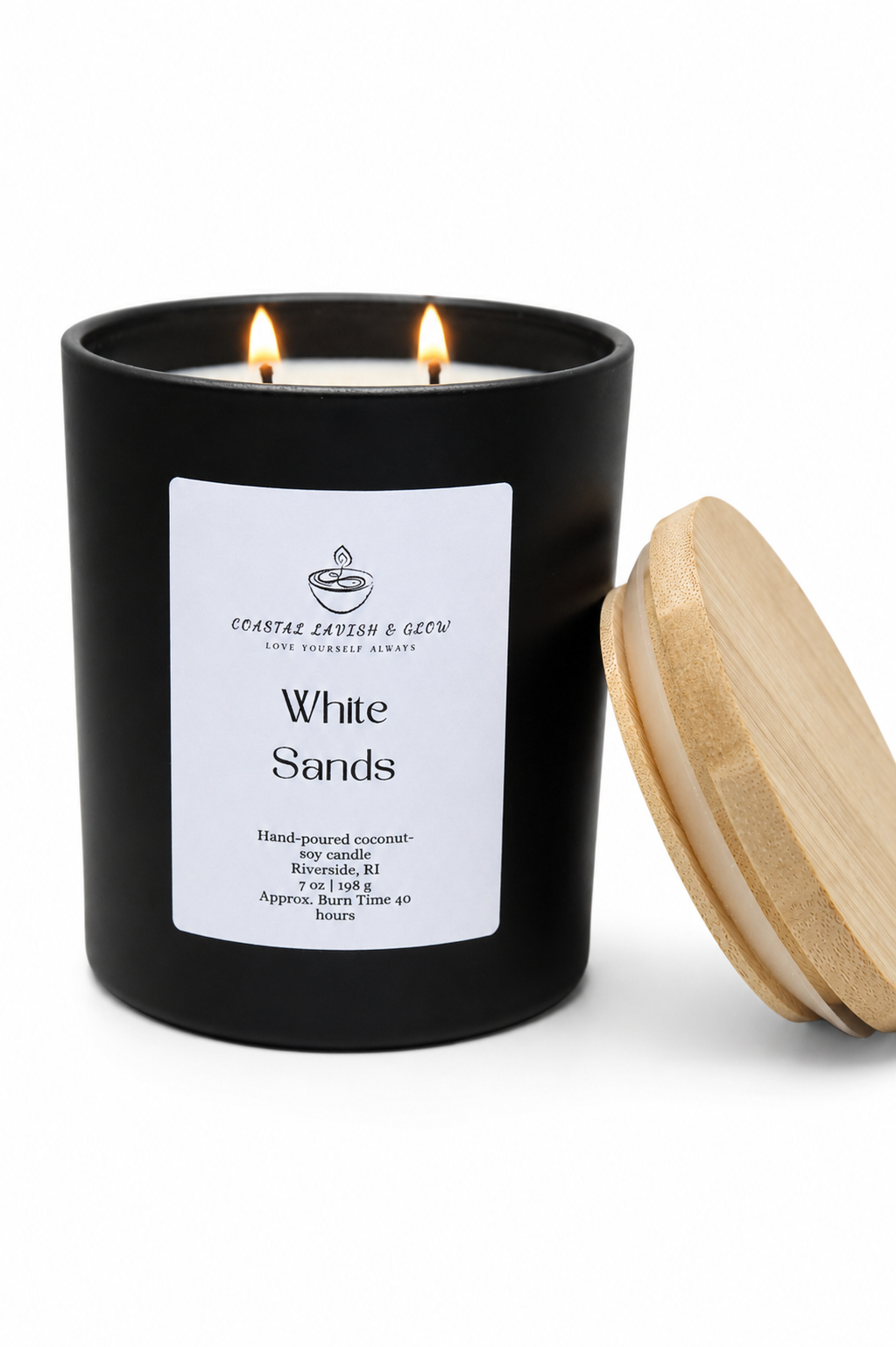Black candle with a wooden lid labeled 'White Sands' on a white background
