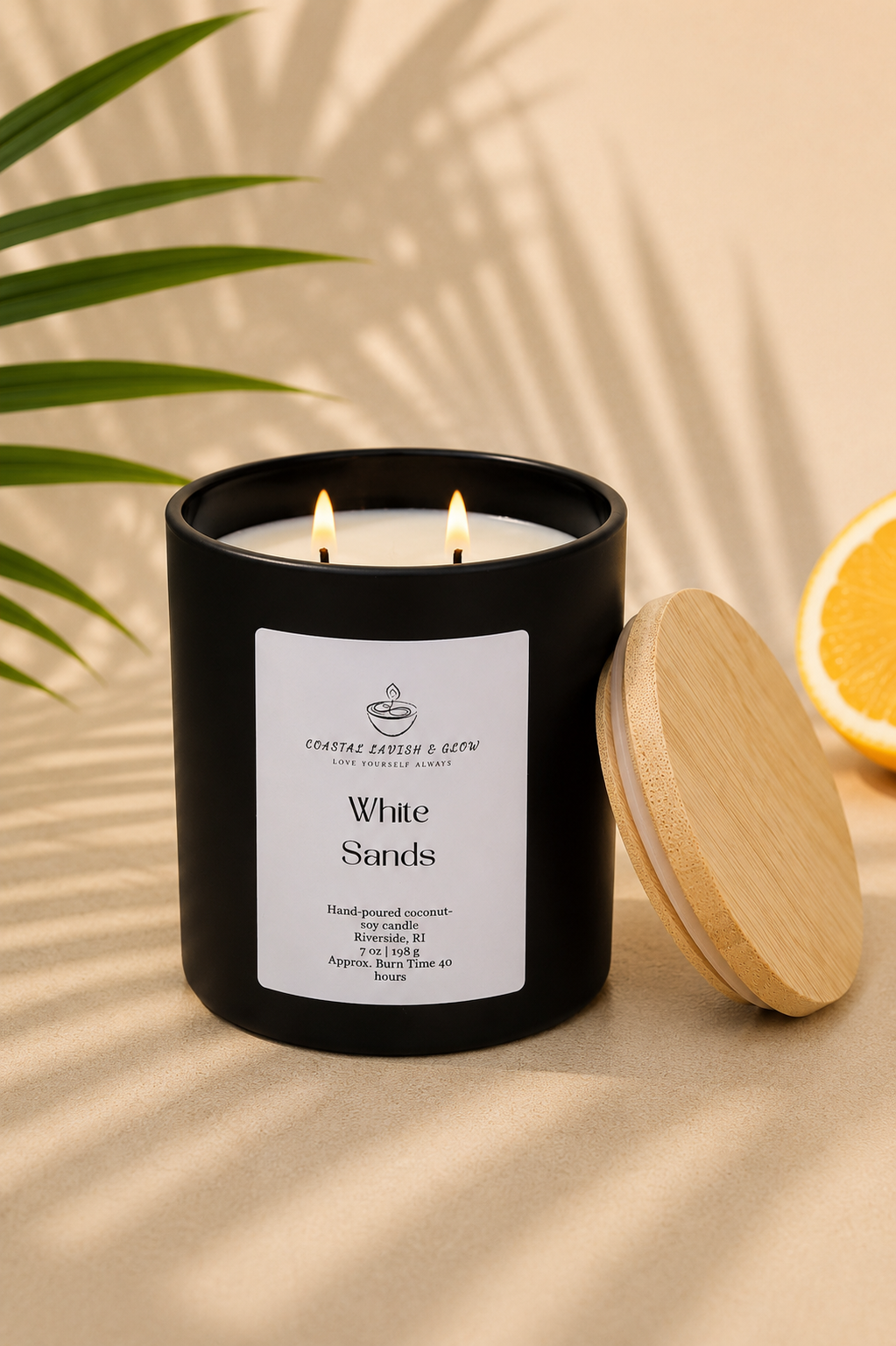 Black candle labeled 'White Sands' with a wooden lid on a beige background
