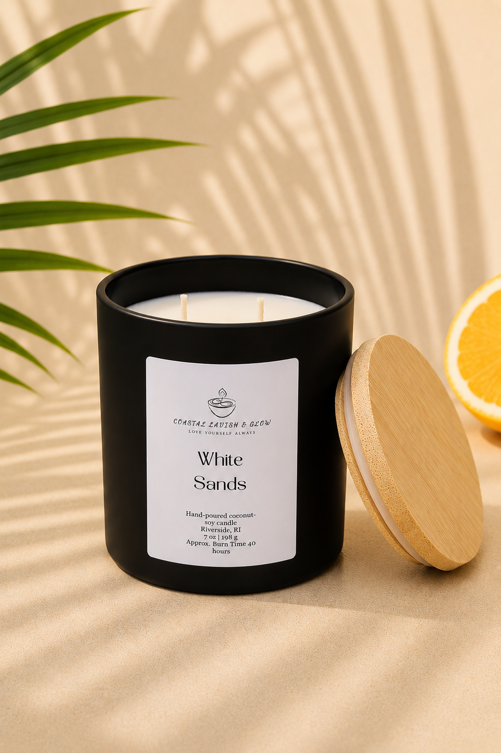 Black candle jar labeled 'White Sands' with a wooden lid on a beige background