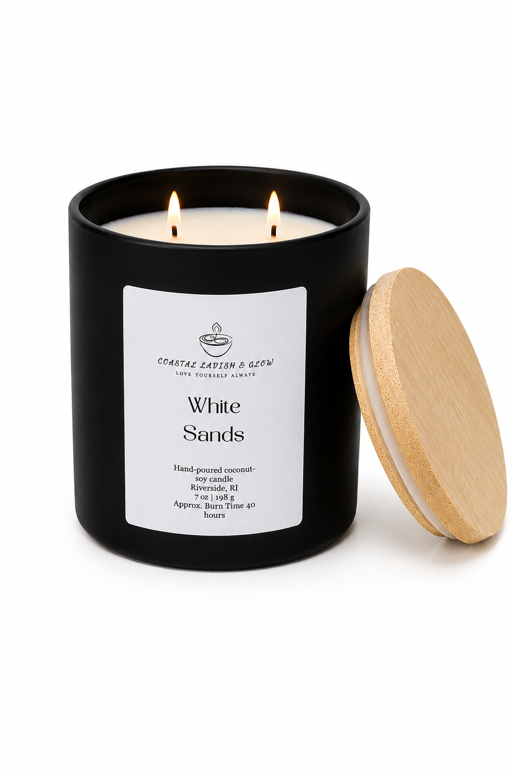 Black candle with a wooden lid labeled 'White Sands' on a white background