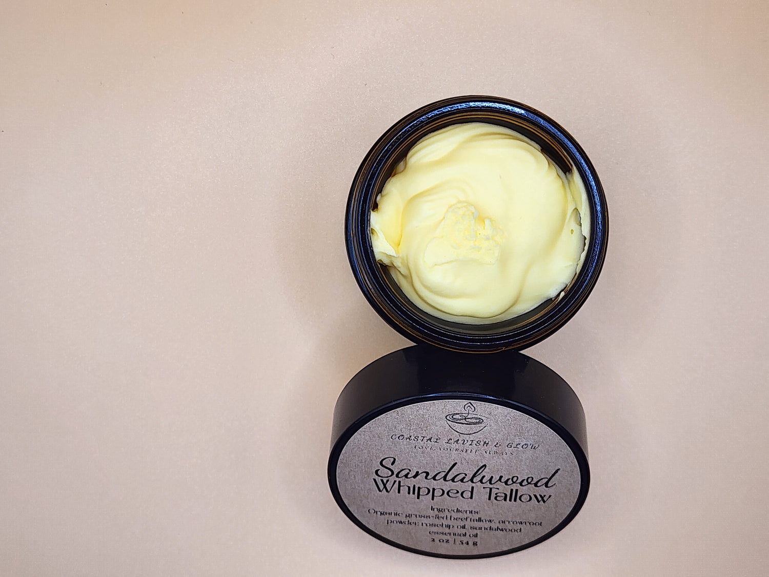 organic grass-fed beef tallow, arrowroot powder, rosehip oil, sandalwood essential oil