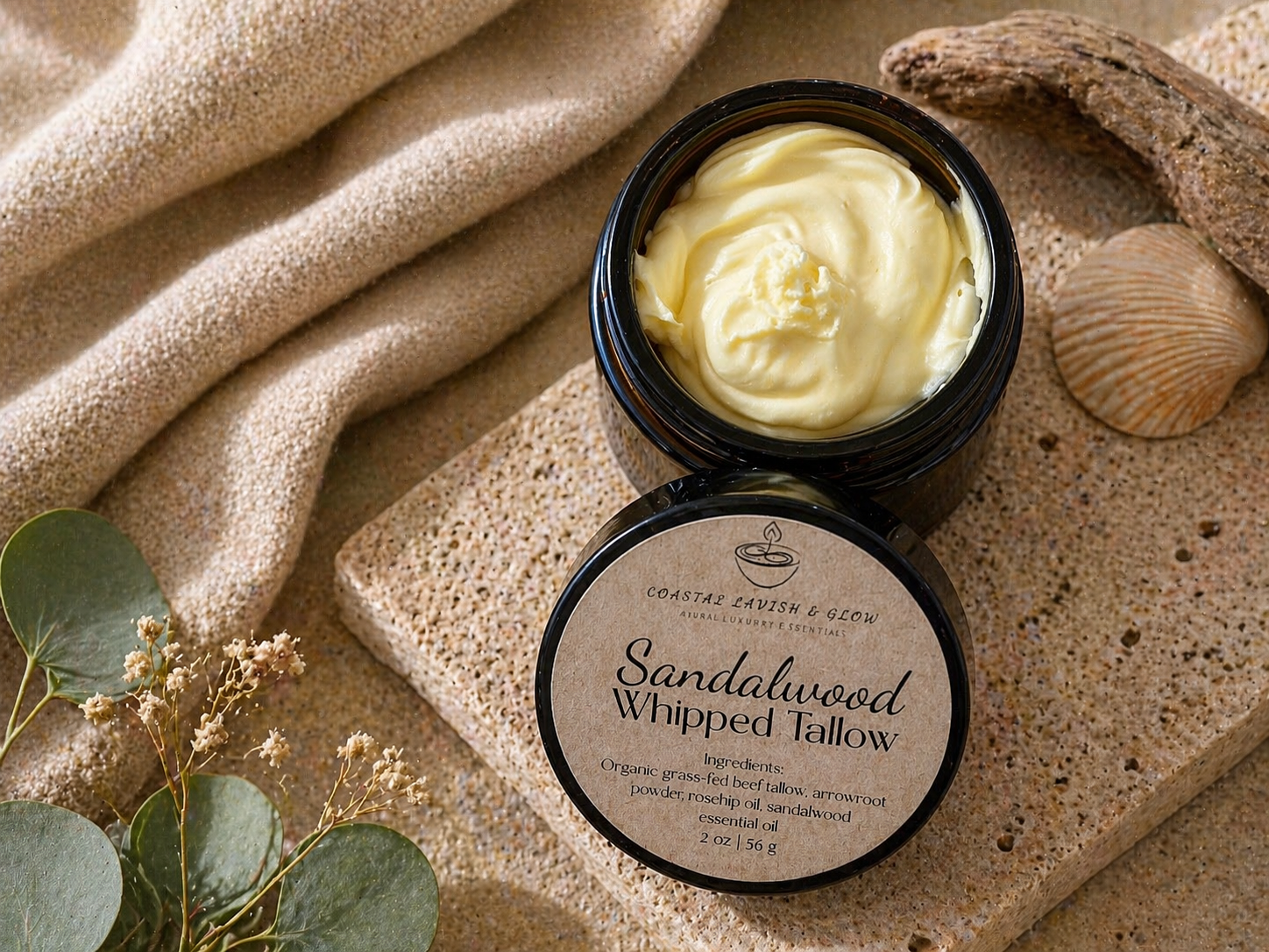 organic grass-fed beef tallow, arrowroot powder, rosehip oil, sandalwood essential oil